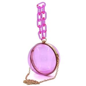 Round Clear Acrylic Pink Clutch with Gold Chain Attachment Fuchsia